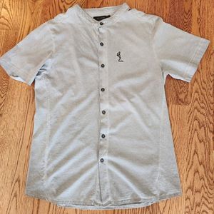 Religion Clothing Gray Button Down Shirt Praying Skeleton Kneeling Size Small